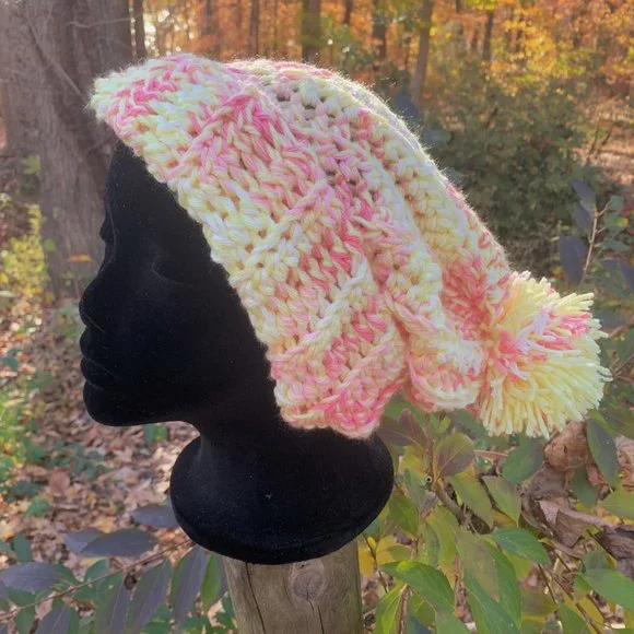 Handmade Pom Pom Pink/Pale Yellow/Ribbed Crochet Slouch Women's/Teens Beanie Hat - Picture 2 of 7